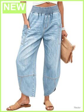 Curved Hem Cropped Cargo Jeans High Rise Wide Leg Capri Denim Pants